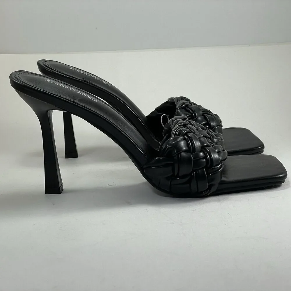 Braided Vegan Leather Square Toe Sandals 4” Womens 6/8.5/9 Black Bella Marie New